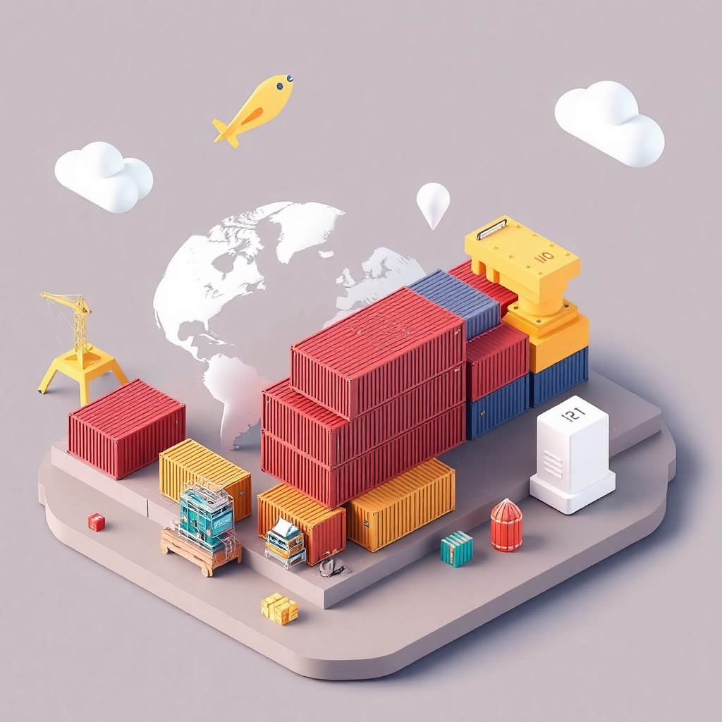 3D illustration of global trade and shipping containers with modern abstract elements, professional corporate style