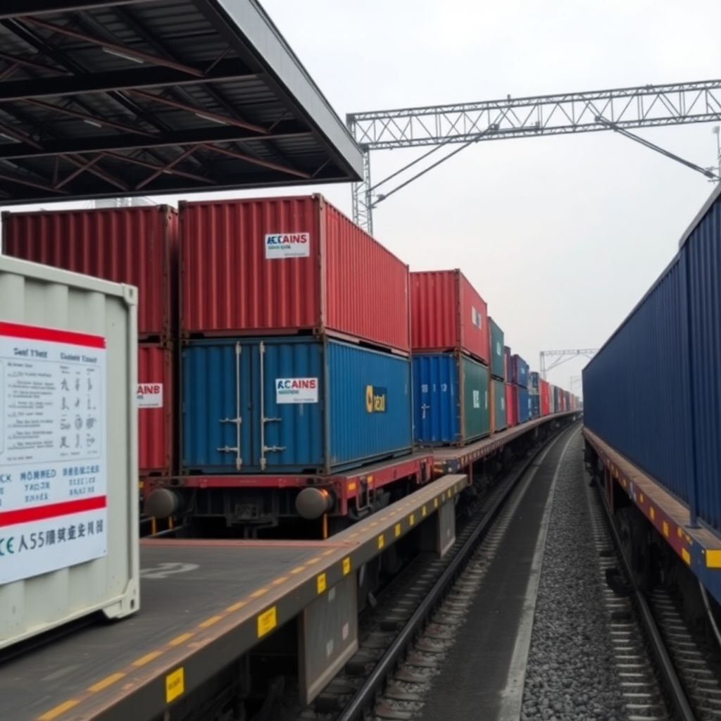 rail freight transport China to Europe, cargo containers being loaded onto train, logistics operation, professional photography