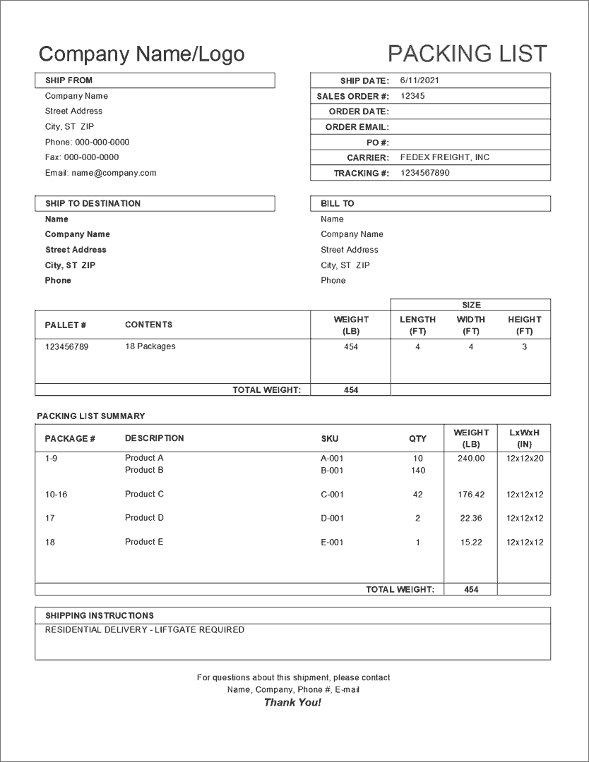 packing slip template for pallet bw