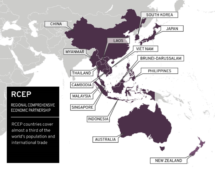 Map highlighting countries involved in the RCEP agreement with a focus on China. 