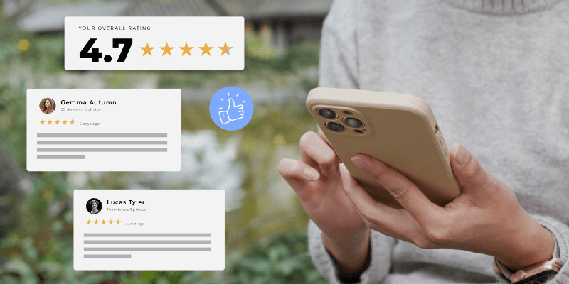 An image showing a store owner reading customer reviews or using a feedback application.