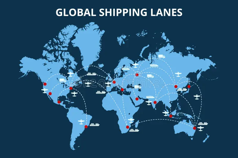 World map showing shipping routes and factors like distance and carrier choice.
