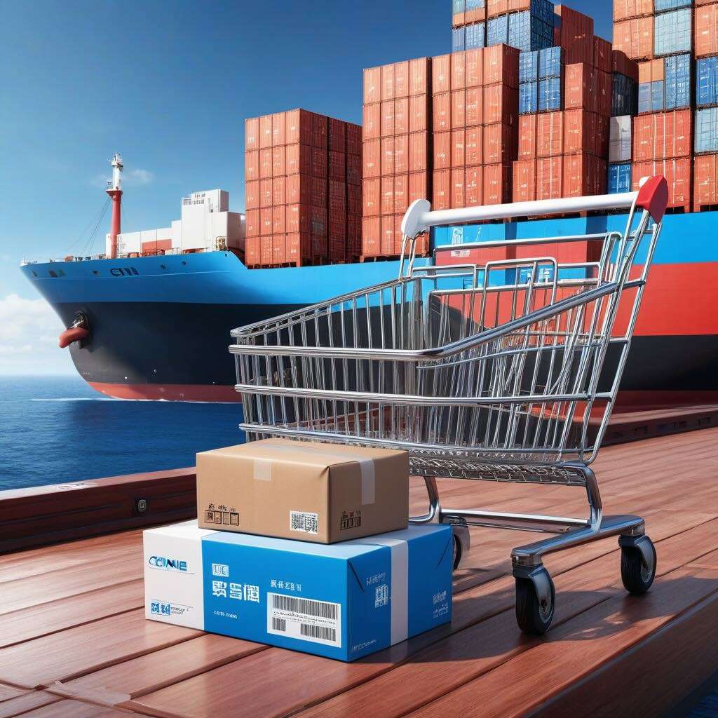 Split-screen thumbnail showing an e-commerce store interface on one side and a package labeled 'China' on a cargo ship, with icons of a shopping cart, globe, and shipping box.