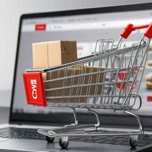 Close-up of a computer screen displaying a shopping cart icon with a small package labeled 'Made in China' next to it, symbolizing online purchasing and dropshipping with Chinese products.