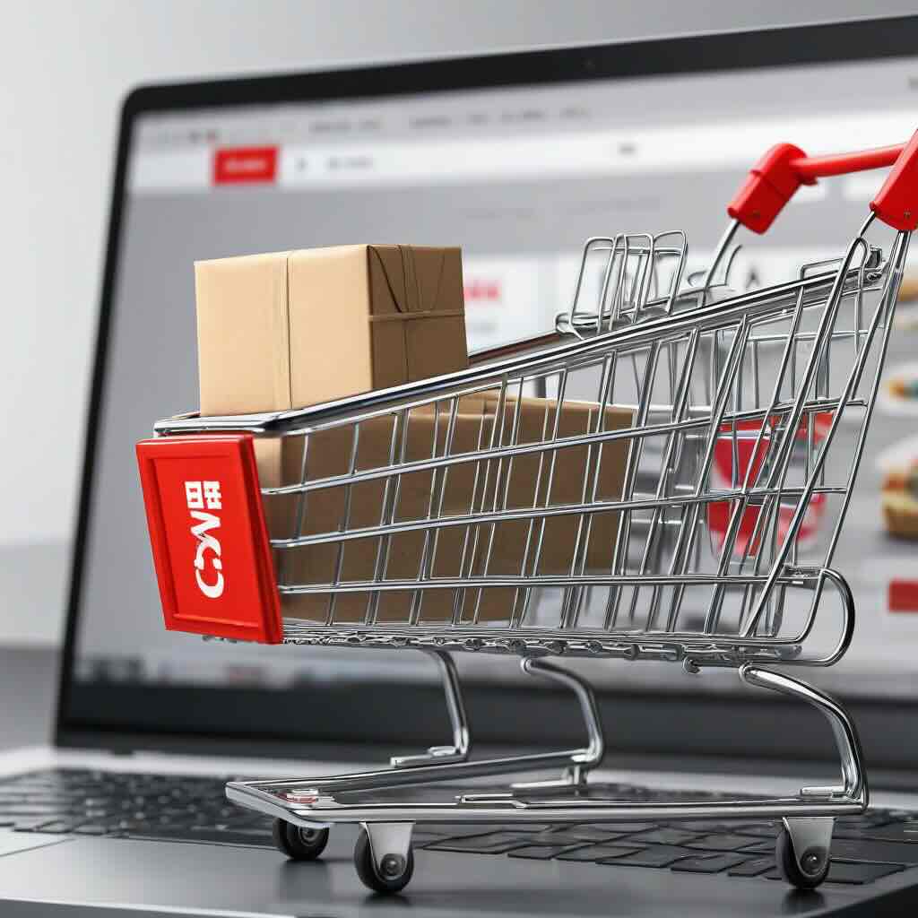 Close-up of a computer screen displaying a shopping cart icon with a small package labeled 'Made in China' next to it, symbolizing online purchasing and dropshipping with Chinese products.