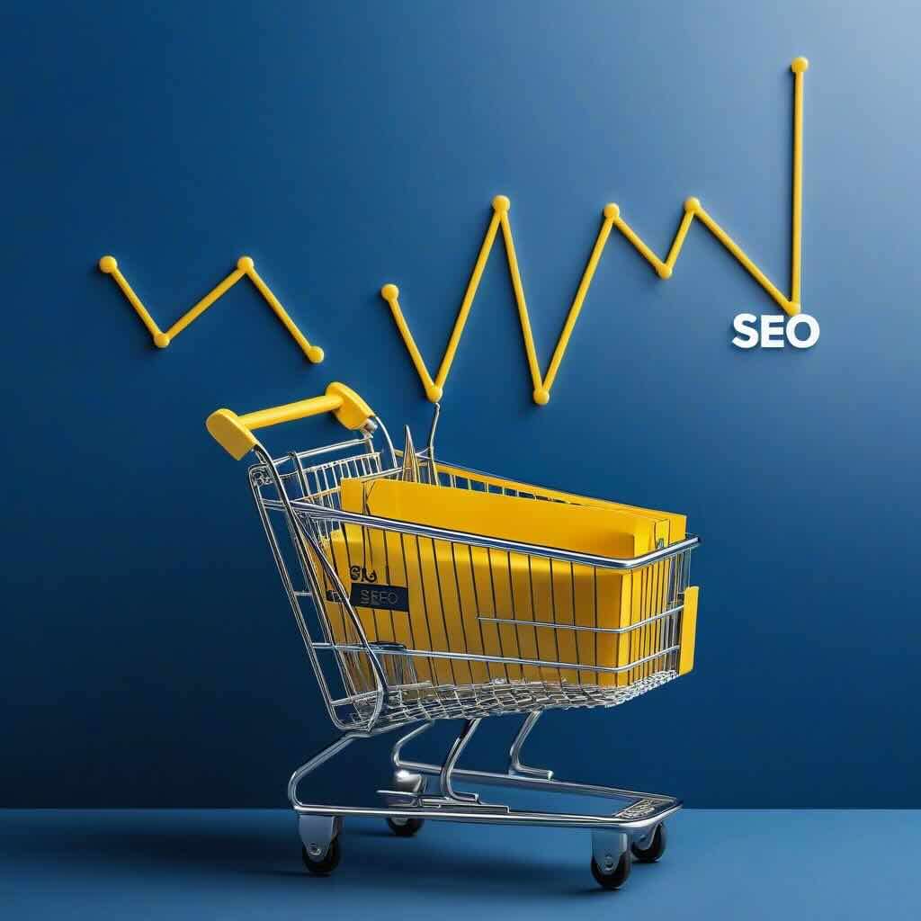 Minimalist design with an upward-trending graph and a shopping cart icon on a deep blue background.
