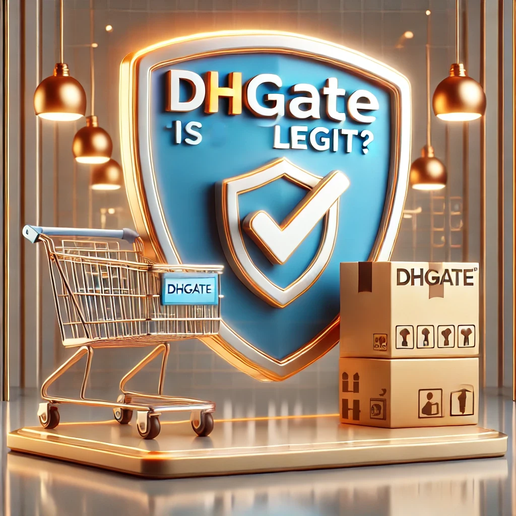 A realistic thumbnail featuring the DHgate logo, a shield with a checkmark symbol for security, and a shopping cart with packages, representing safe and trustworthy online shopping.