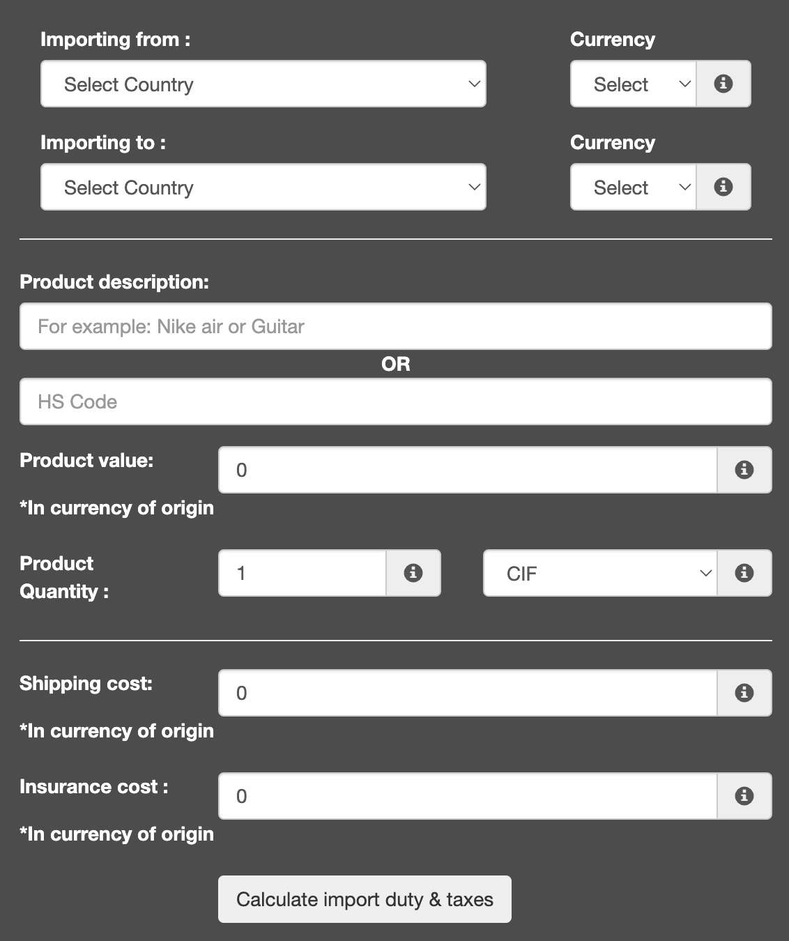 A screenshot of an online customs duty calculator tool showing fields like HS Code, product value, and tariff rate. 