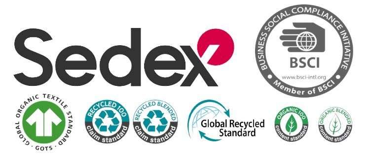 A 'Sustainable Polo Shirt Production' badge with GOTS, OEKO-TEX®, and BSCI logos