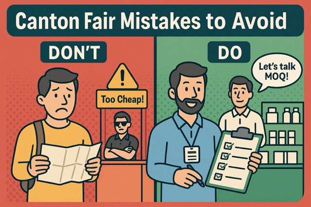 What Not to Do at the Canton Fair: Mistakes & Red Flags 1 Split-screen illustration showing a confident Amazon seller on one side and a confused buyer facing red flags at the Canton Fair