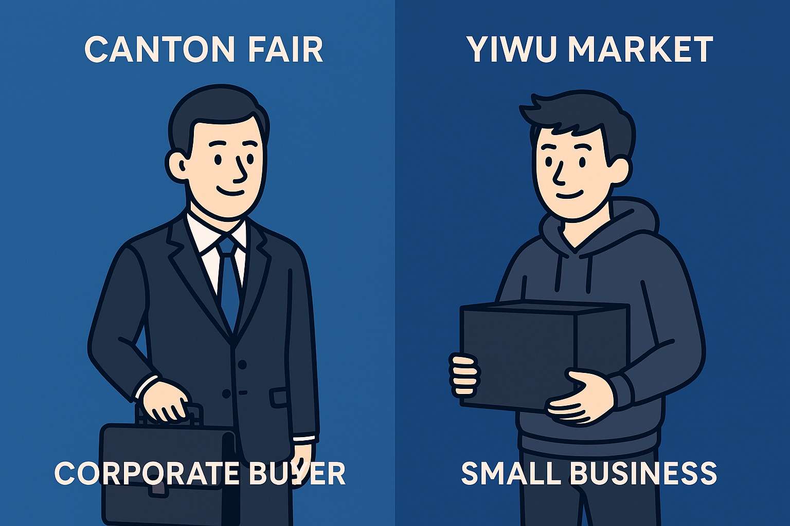 Comparison between a corporate buyer for Canton Fair and a small business entrepreneur for Yiwu Market, illustrated in flat style with a blue split background.