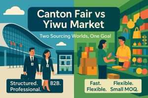 Split-screen illustration comparing the Canton Fair and Yiwu Market sourcing styles
