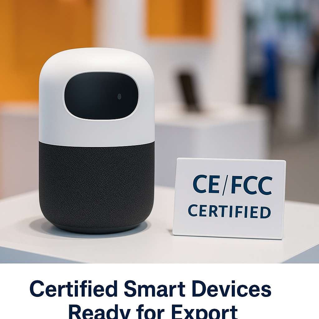 Smart appliance displayed at Canton Fair booth with visible CE and FCC certifications for export compliance.