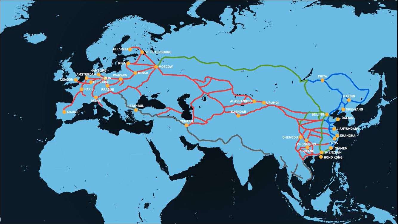 Illustrated Silk Road railway map showing key train routes from Chinese cities like Yiwu, Zhengzhou, and Chongqing to major European destinations such as Lyon, Hamburg, London, Warsaw, and Brussels. Routes highlighted in green with key hubs labeled in dark blue. Modern minimalist style with clear route lines.