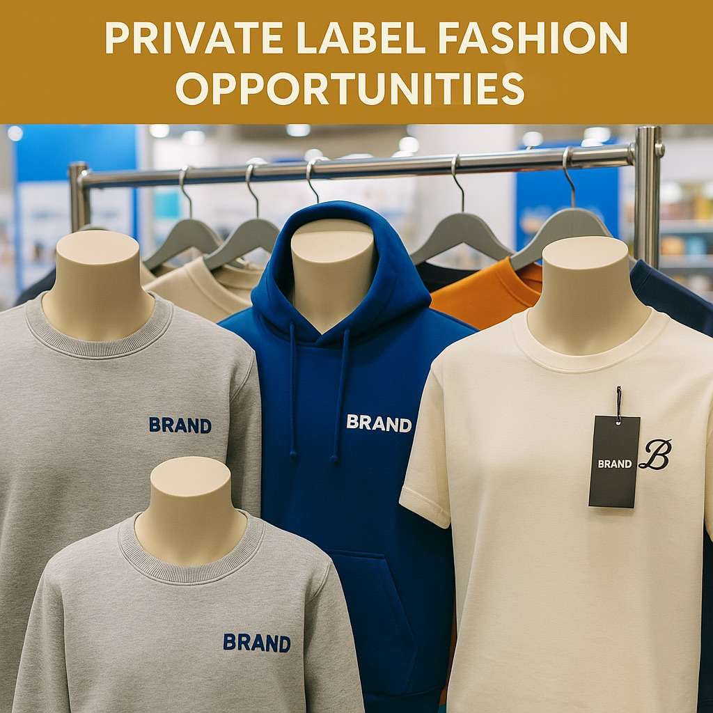 Customizable fashion items with brand tags displayed on mannequins at Canton Fair Phase 3