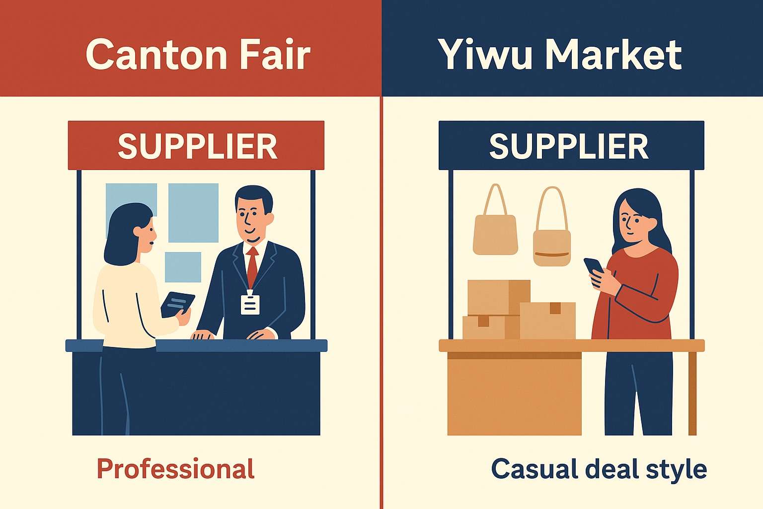 Supplier booths at Canton Fair and Yiwu Market showing formal vs casual deal styles