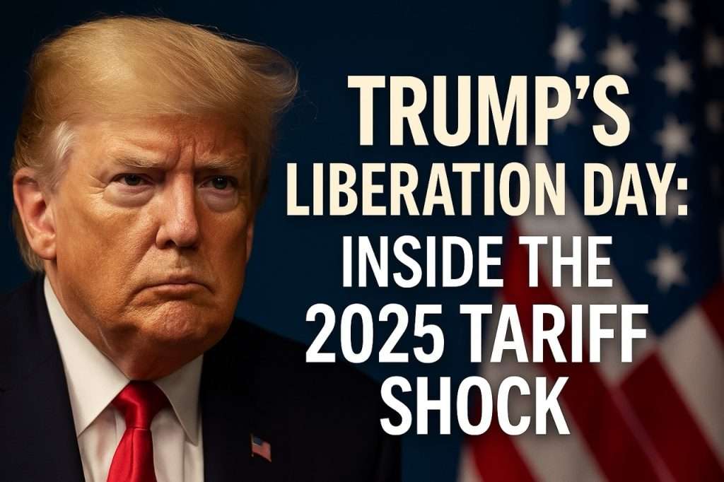 Thumbnail image featuring Donald Trump with bold text "Liberation Day: Trump's 2025 Tariff Shock" against a backdrop of stock market graphs and global trade visuals