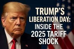 Thumbnail image featuring Donald Trump with bold text "Liberation Day: Trump's 2025 Tariff Shock" against a backdrop of stock market graphs and global trade visuals