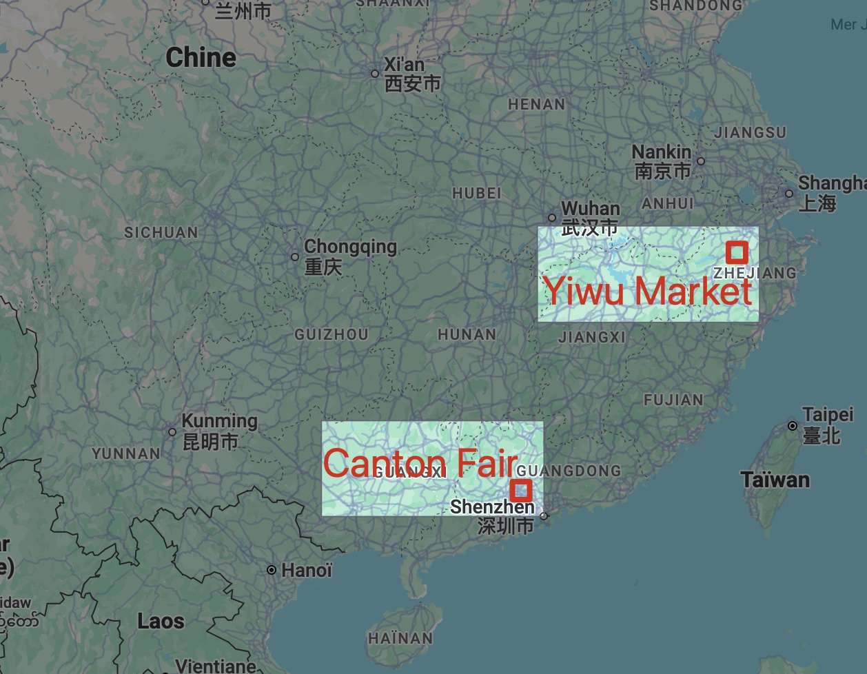 Map showing the locations of Canton Fair in Guangzhou and Yiwu Market in Zhejiang