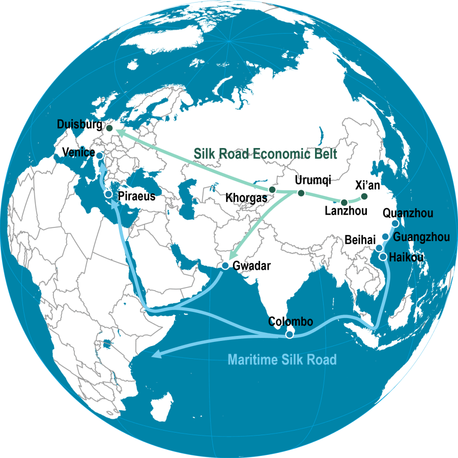 stylized map showing the New Silk Road rail freight corridor from China to Europe, with the main routes highlighted from Xi