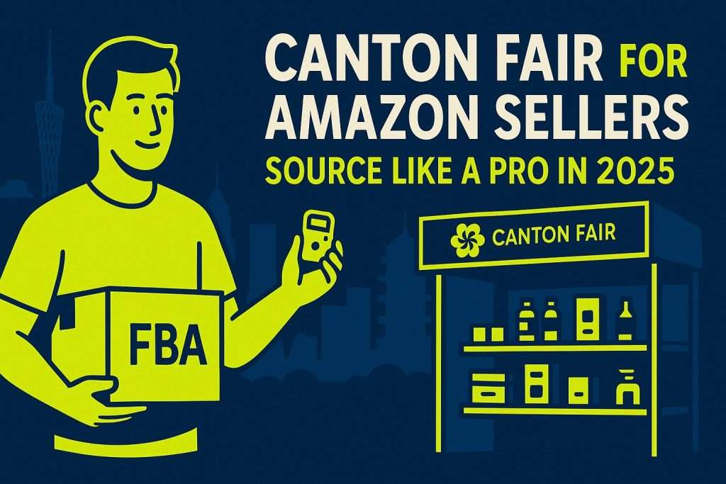 Canton Fair for Amazon Sellers: How to Source Like a Pro 2 Illustration of an Amazon FBA seller holding an FBA box and gadget at a Canton Fair booth, with a Guangzhou skyline backdrop and neon yellow-green accents