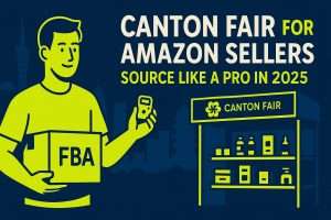 Illustration of an Amazon FBA seller holding an FBA box and gadget at a Canton Fair booth, with a Guangzhou skyline backdrop and neon yellow-green accents