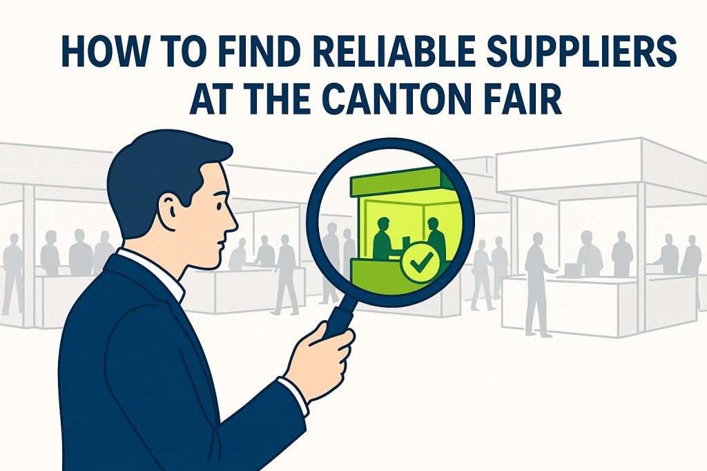 How to Find Reliable Suppliers at the Canton Fair 7 Illustration of a business professional spotting a reliable supplier at the Canton Fair using a magnifying glass in a busy trade show environment