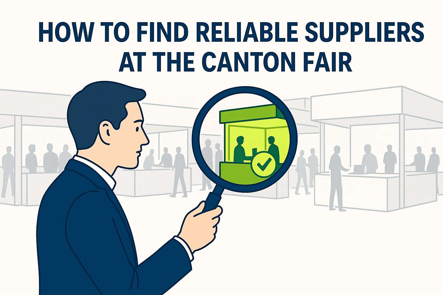Illustration of a business professional spotting a reliable supplier at the Canton Fair using a magnifying glass in a busy trade show environment
