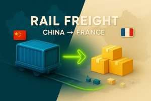 Editorial 2.5D illustration of a modern freight train connecting China to France, with flags, rail tracks, containers, and parcels, in HAI International Holding blue and neon yellow style.
